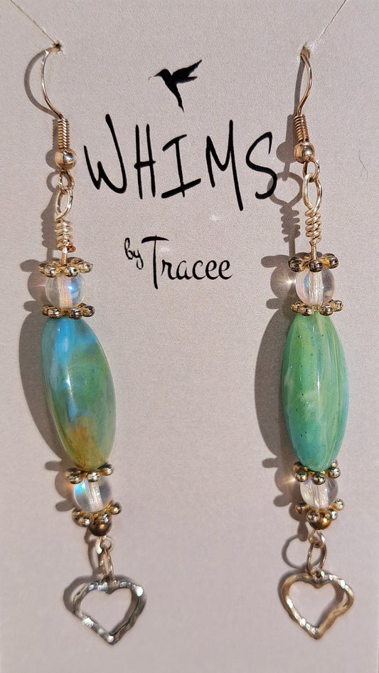 Ladies earrings of watercolour glass bead with crystal and silver accents.