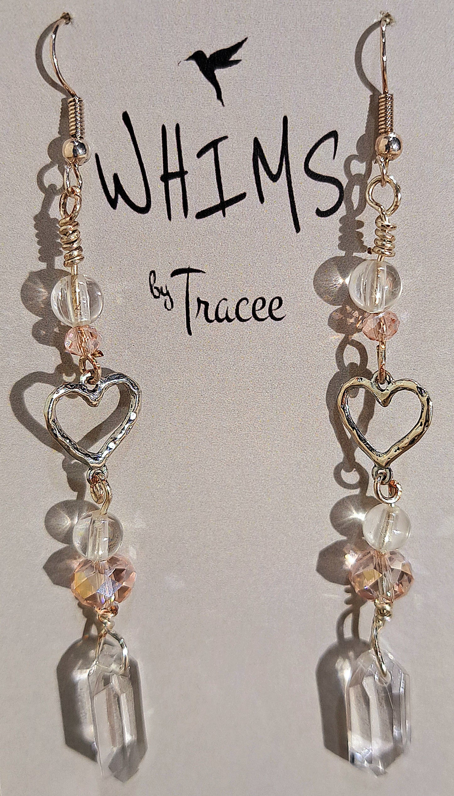 Ladies crystal dangle earrings with pink glass accents and etched heart.