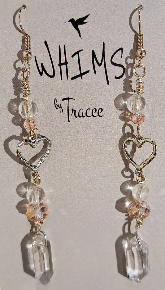 Ladies crystal dangle earrings with pink glass accents and etched heart.