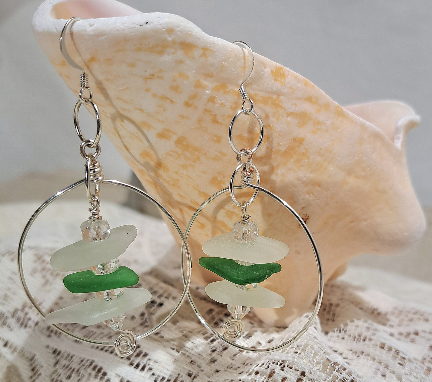 Ladies silver hoops with sea glass dangles.