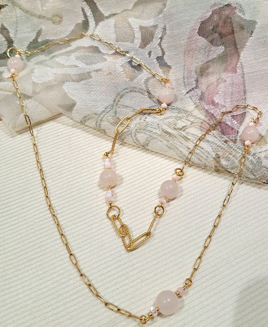Ladies  necklace with Rose Quartz beads suspended amongst gold plated paperclip style chain.
