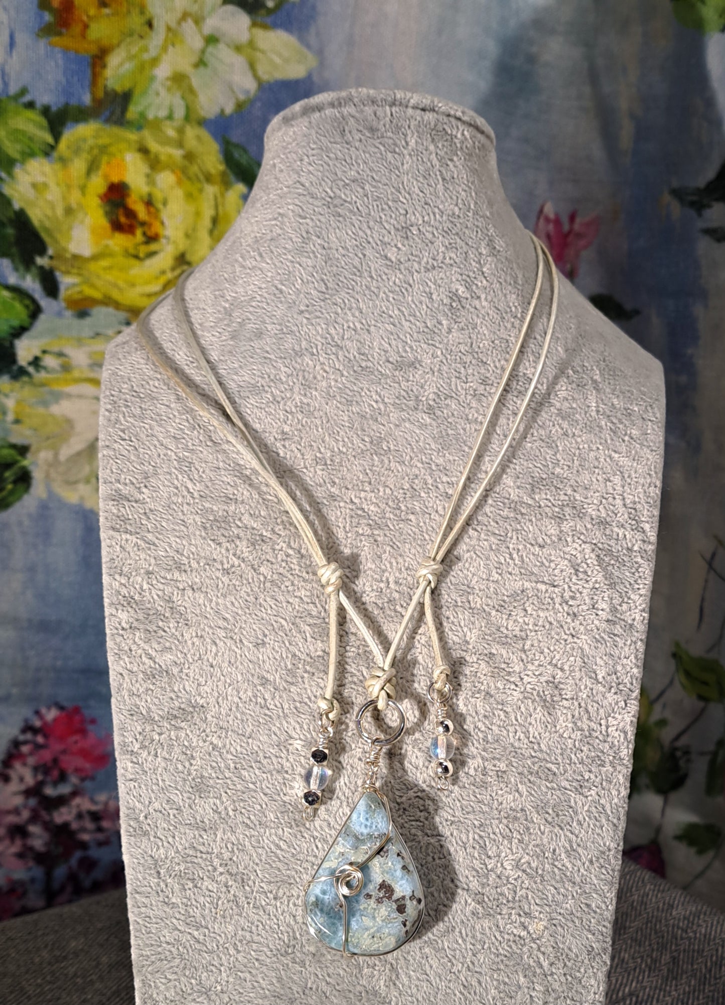 Ladies aqua leather adjustable Large Larimar focal necklace.