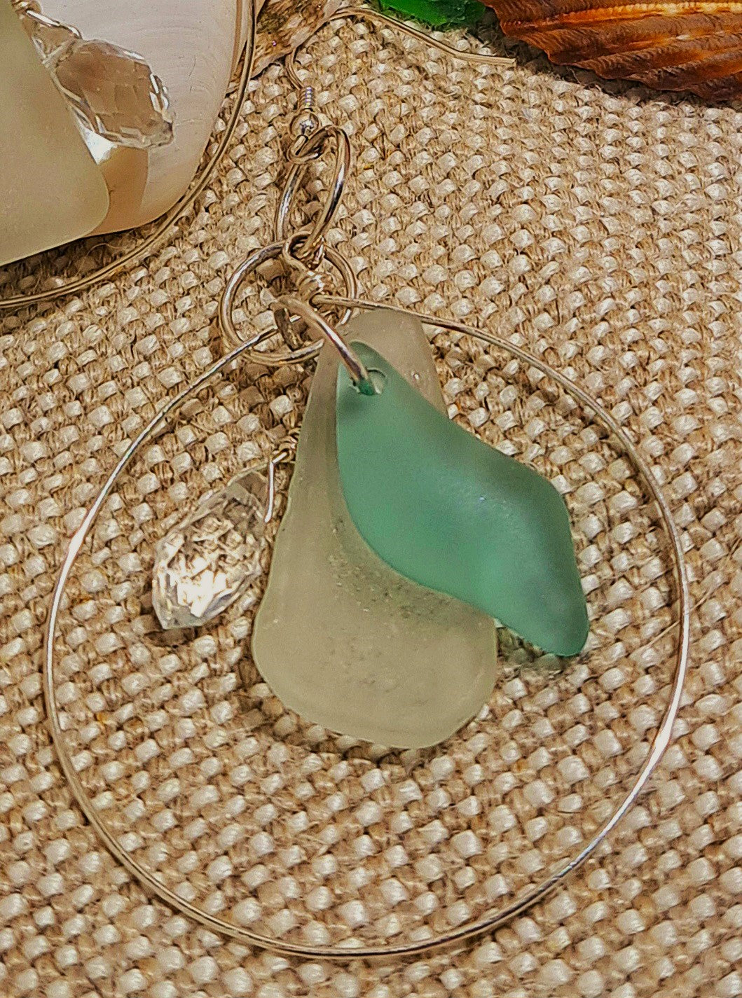 Silver hoop earrings with Sea Glass and crystal dangles