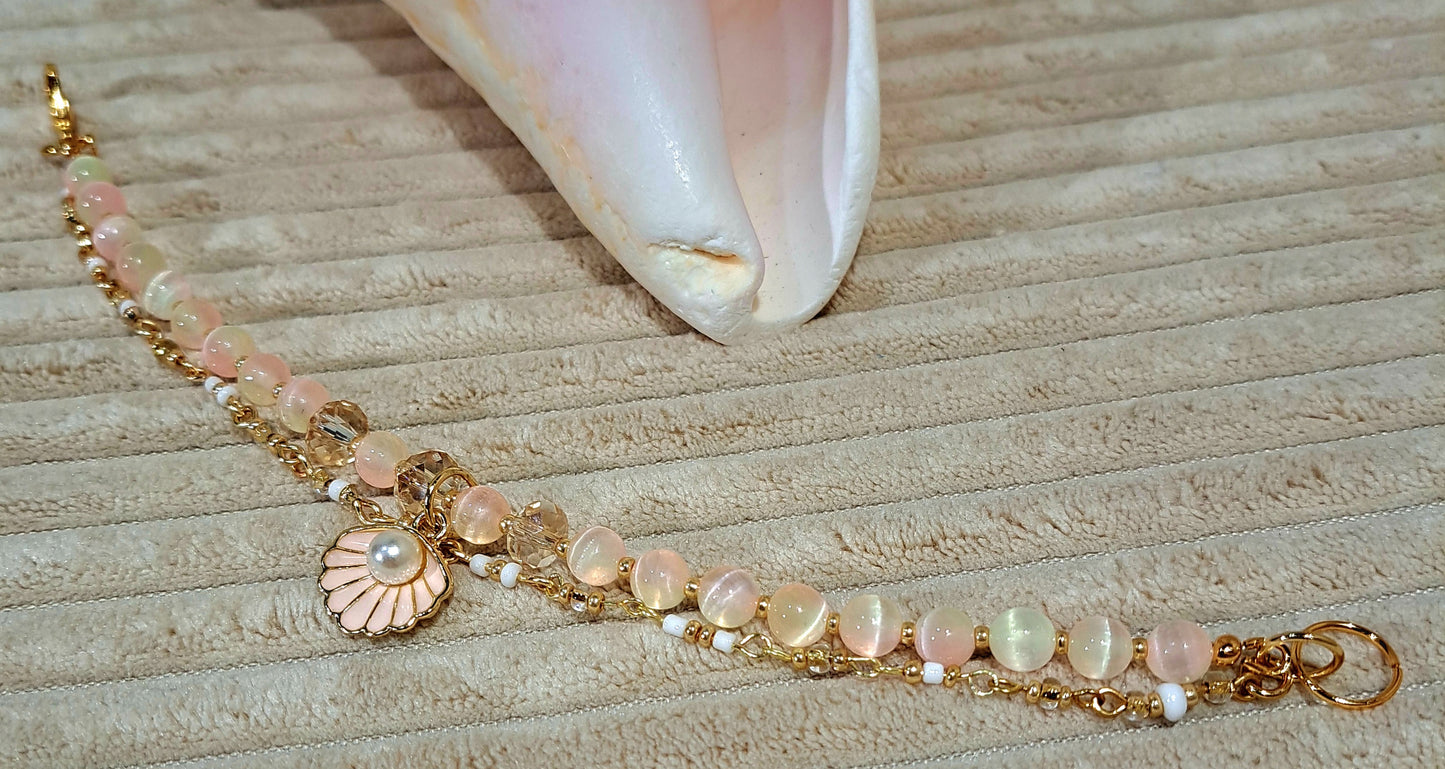 Ladies Double strand bracelet pink Selinite and beaded chain and shell Charm with pearl.