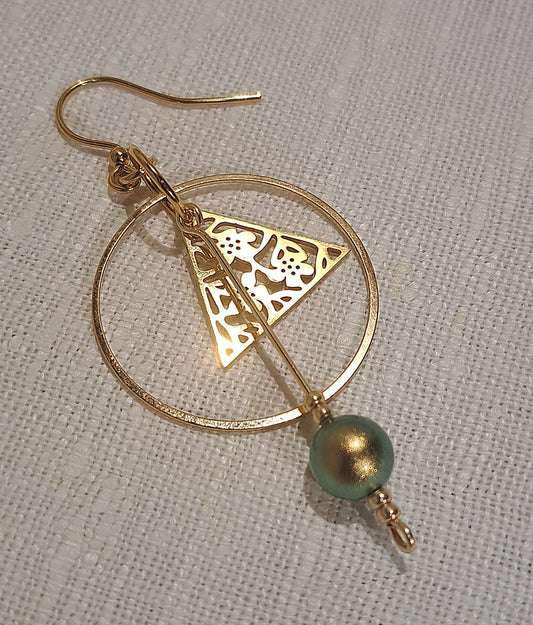 Ladies Gold Hoops earrings with floral cut triangle and Swarovski green /gold pearl.