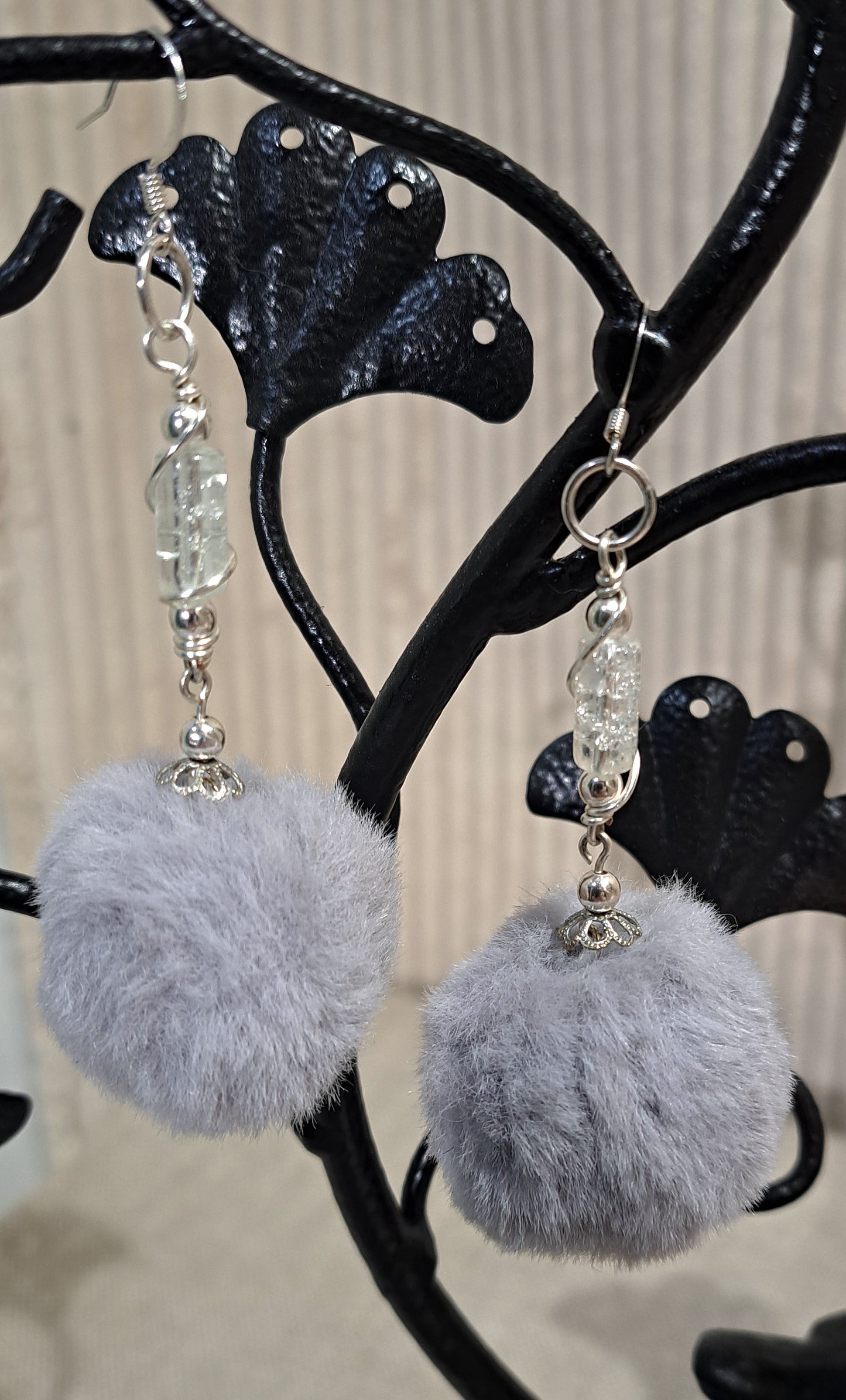 Grey Pom Pom faux fur earrings with wire wrapped bubble crystal and silver 4mm beads.