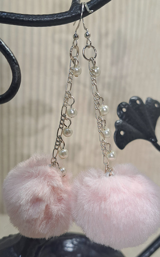 Pom Pom pink and pretty pearls dangling earrings