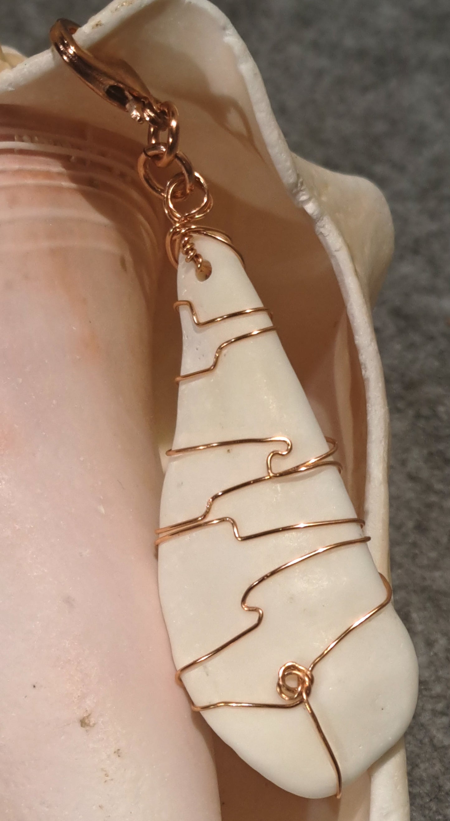 White Sea Shell pendant wire wrapped and decorated with Sea Glass Chips