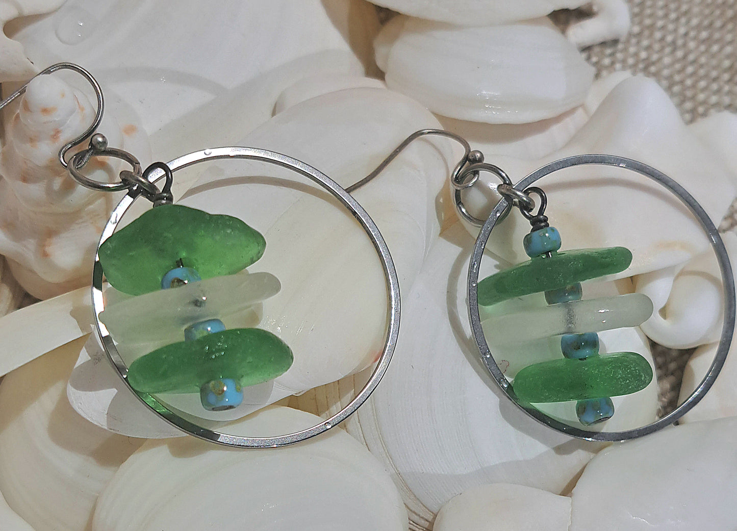 Sea Glass Earrings stacked sea Glass and Steel Hoops