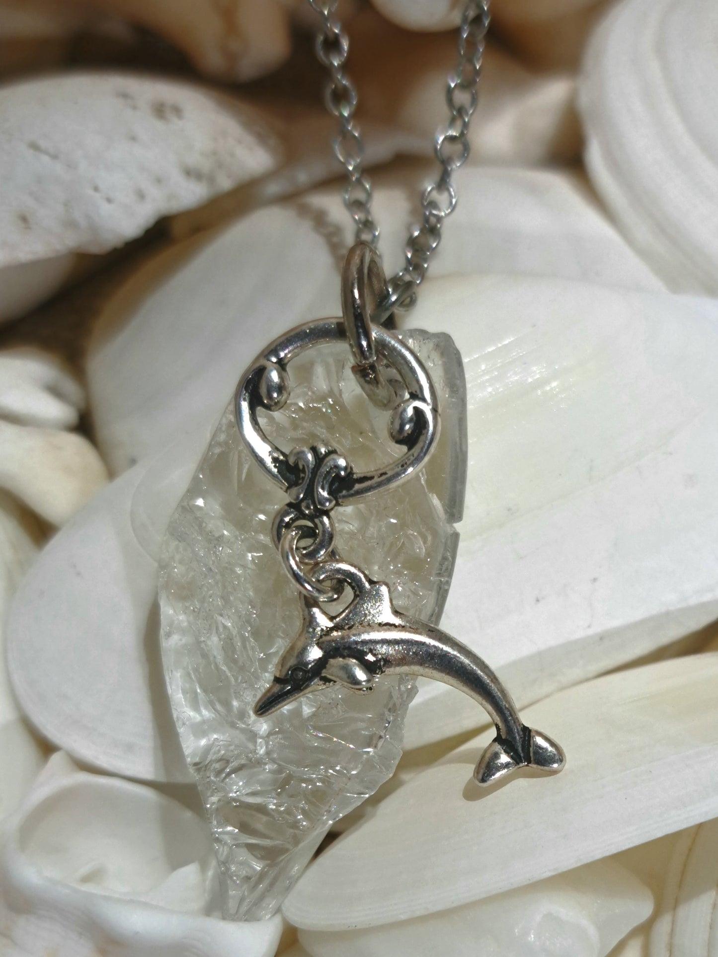 Sea Glass Necklace with Crackled Clear Sea Glass and Dolphin Pendant