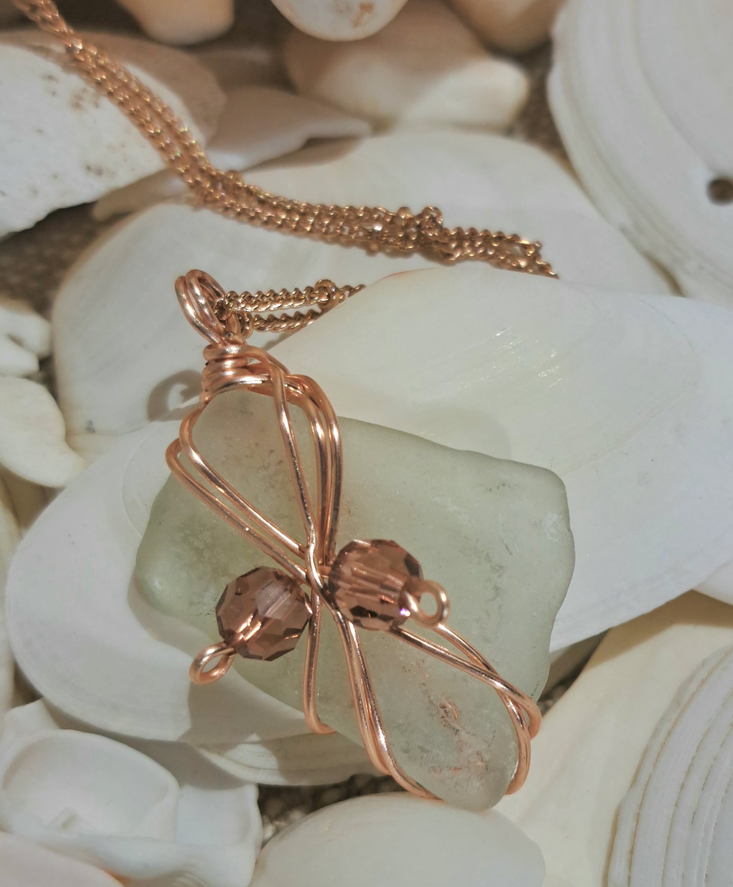 Rose Gold Ball link necklace with wire wrapped Sea Glass Pendant