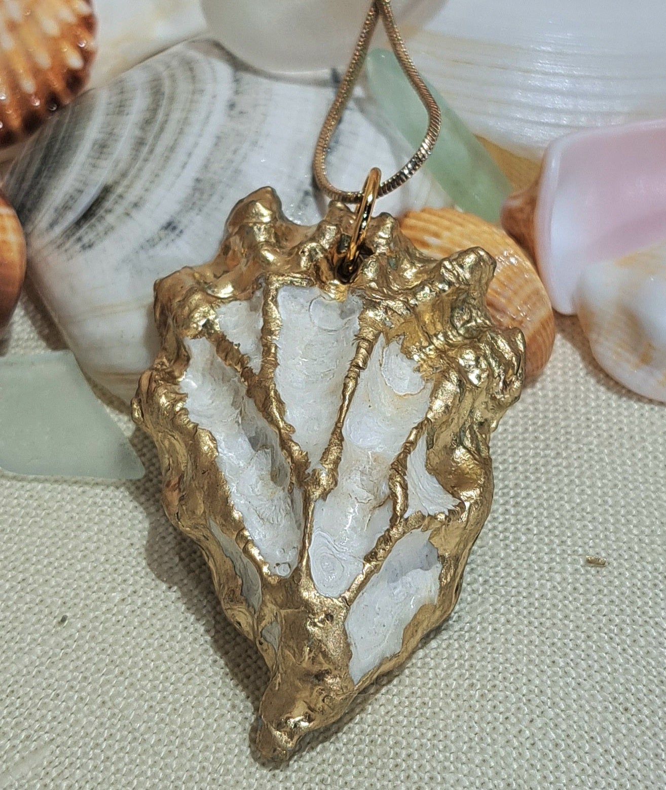 Sea Shell Pendant necklace with Sea Glass and Fish Charm.