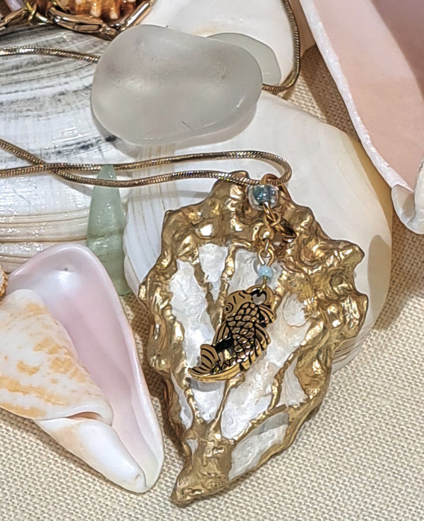 Sea Shell Pendant necklace with Sea Glass and Fish Charm.