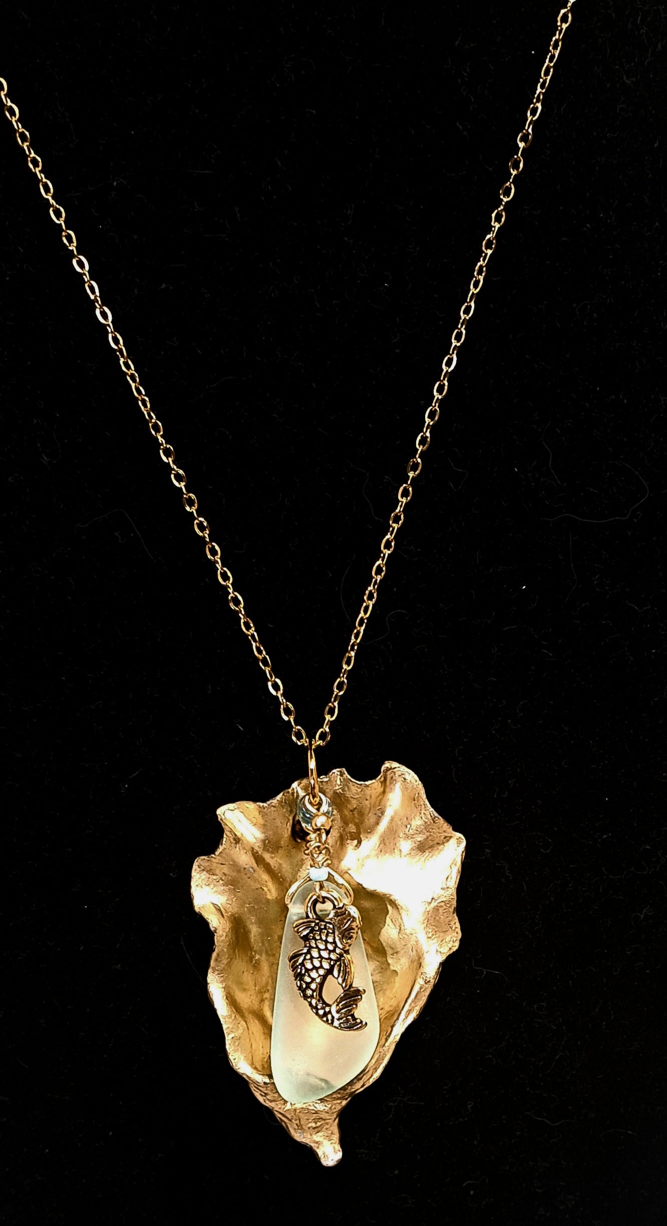 Sea Shell Pendant necklace with Sea Glass and Fish Charm.