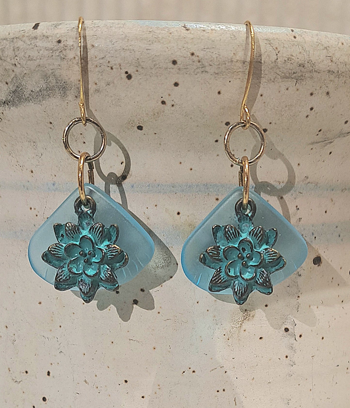 Ladies Sea Glass and Patina green brass Dahlia charm earrings