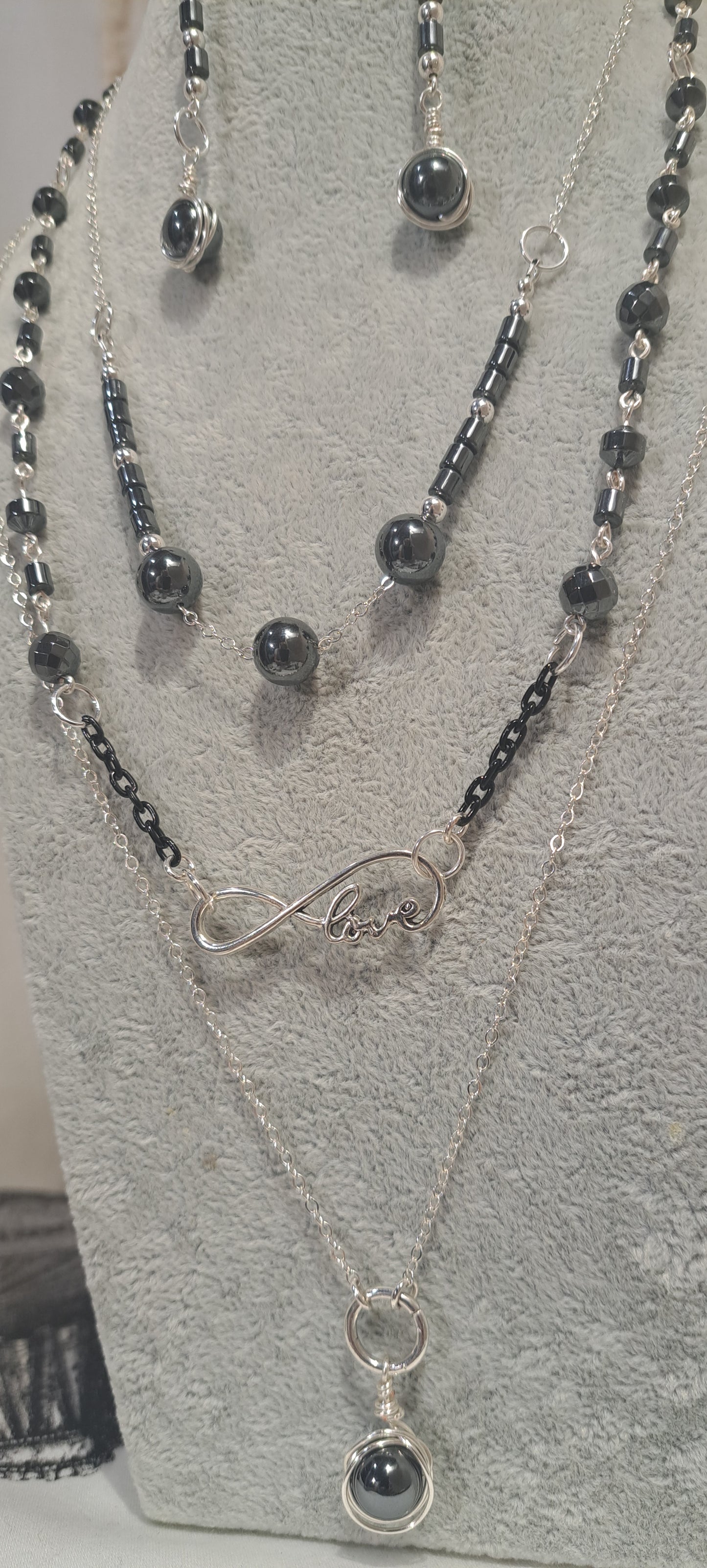 Ladies Love Charm Hematite Beaded and black chain necklace.