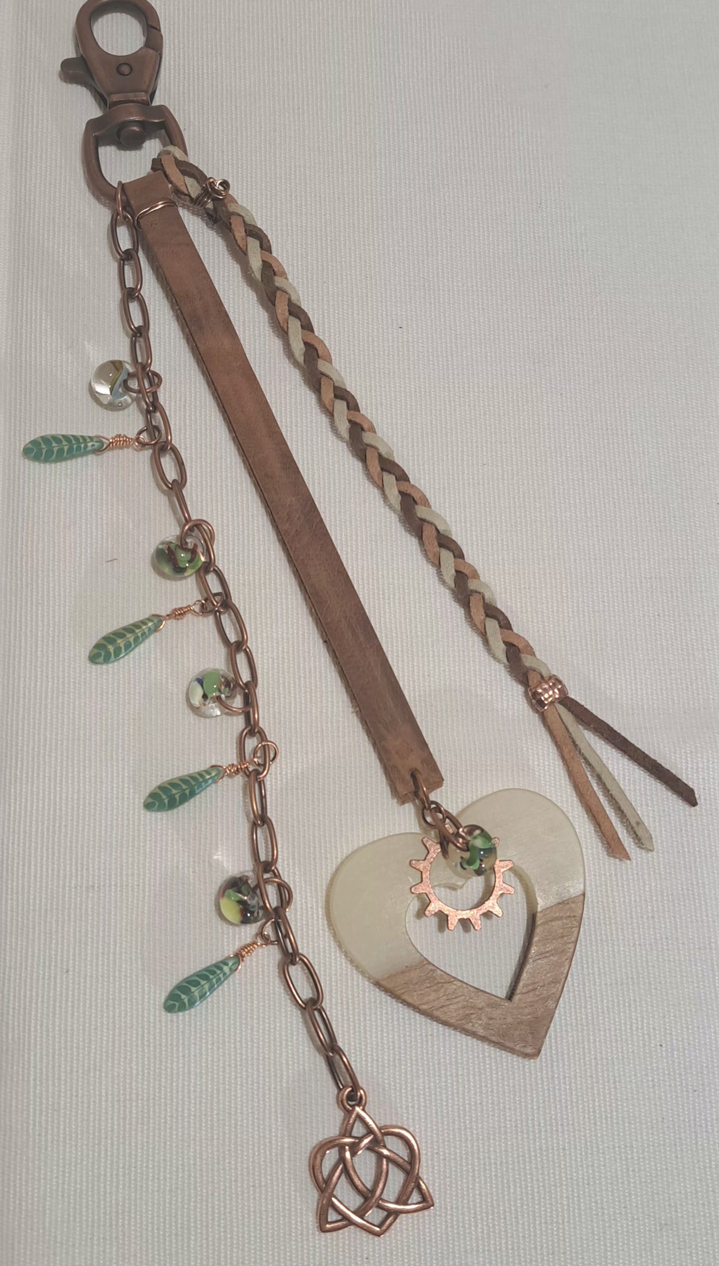 Brown leather and green Czech glass bag charm with large acetate and walnut heart