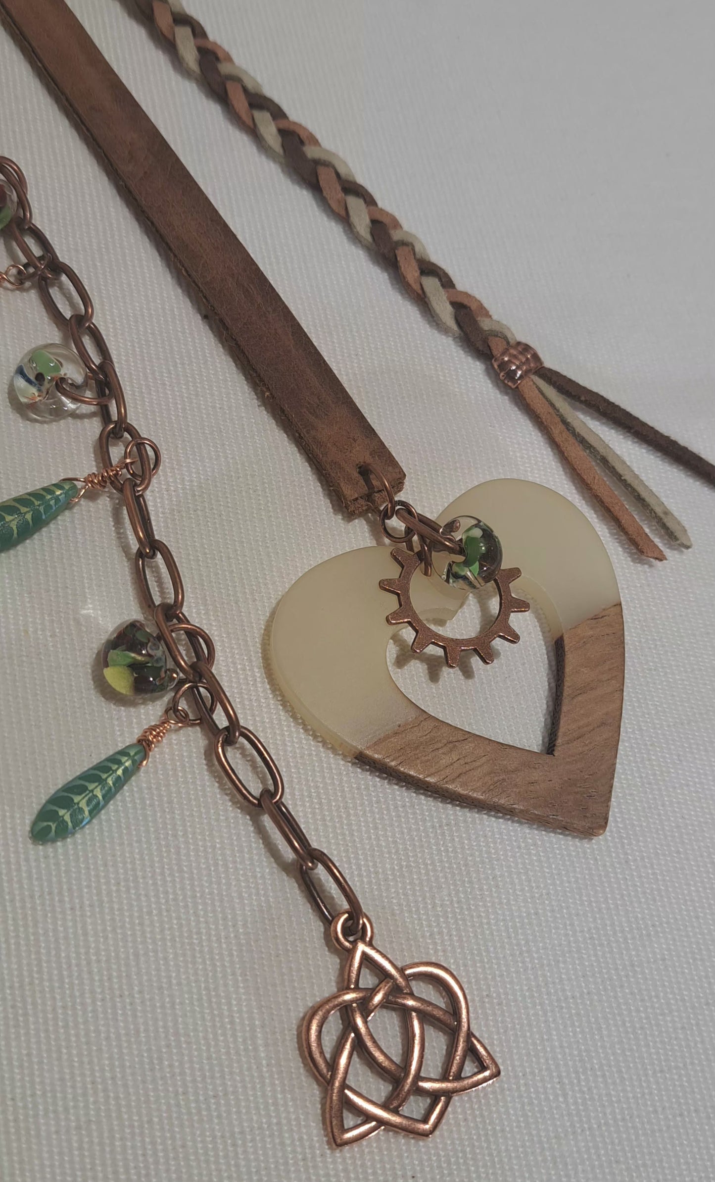 Brown leather and green Czech glass bag charm with large acetate and walnut heart