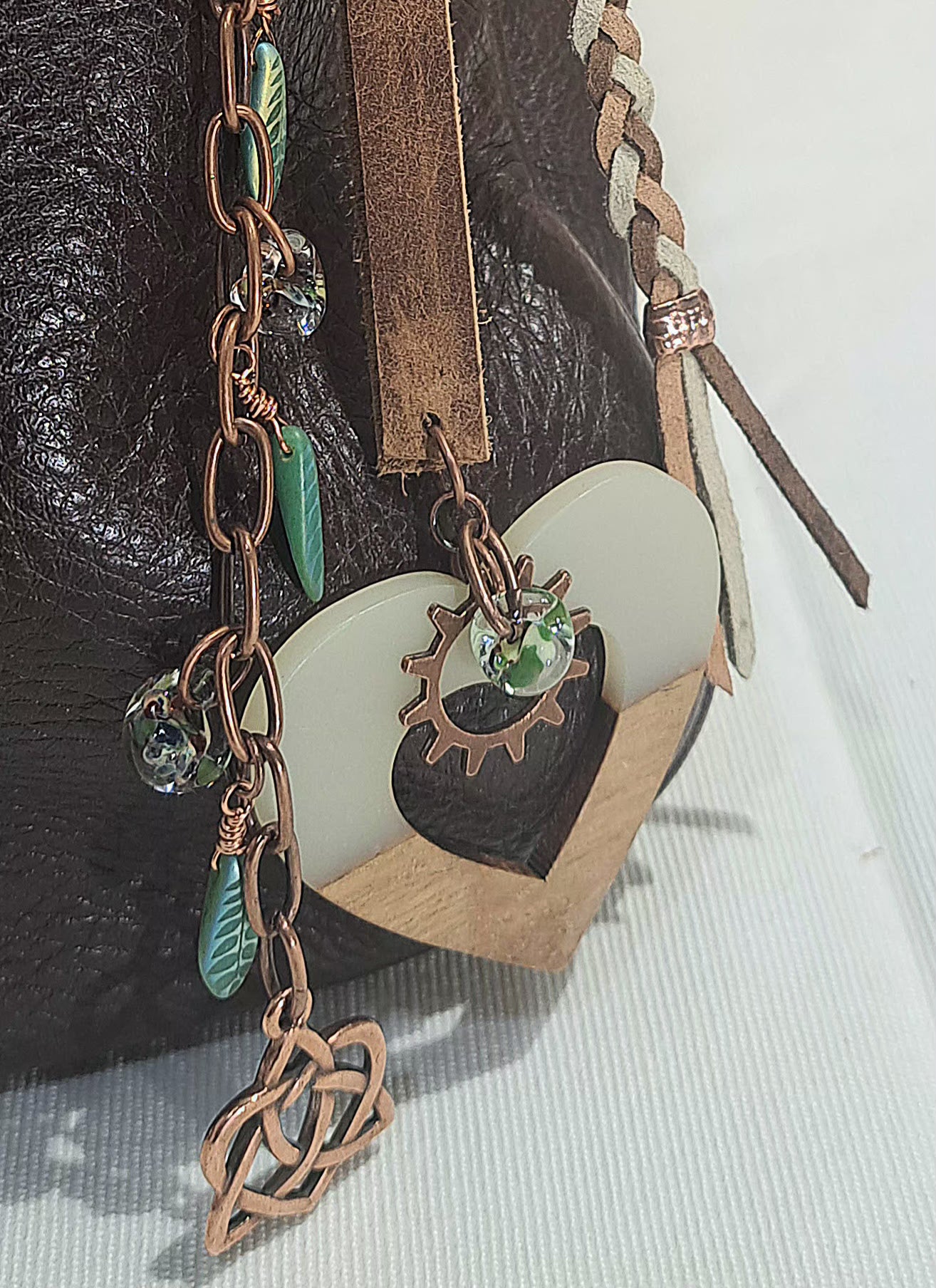 Brown leather and green Czech glass bag charm with large acetate and walnut heart