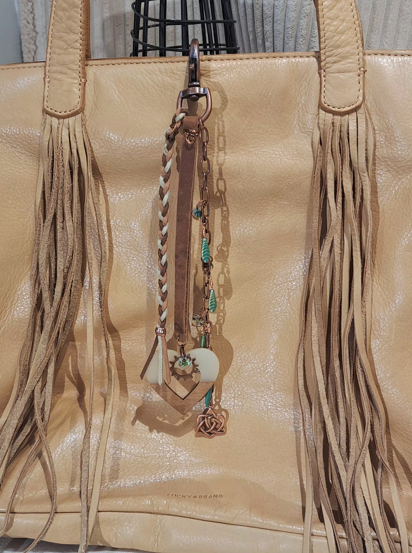 Brown leather and green Czech glass bag charm with large acetate and walnut heart