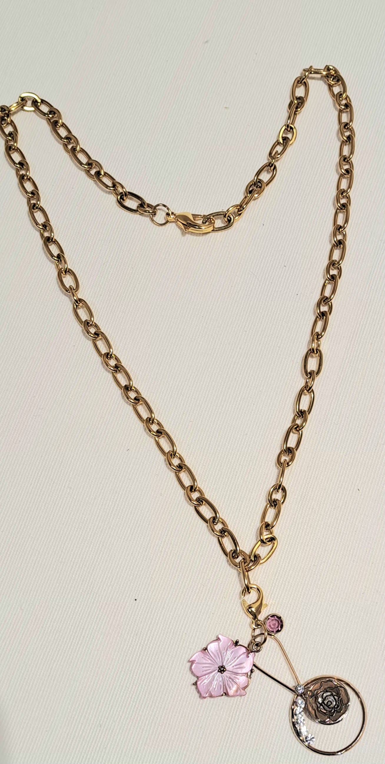 Waterproof large gold link chain necklace with Pink Hibiscus flower and gold filigree design with rhinstones.