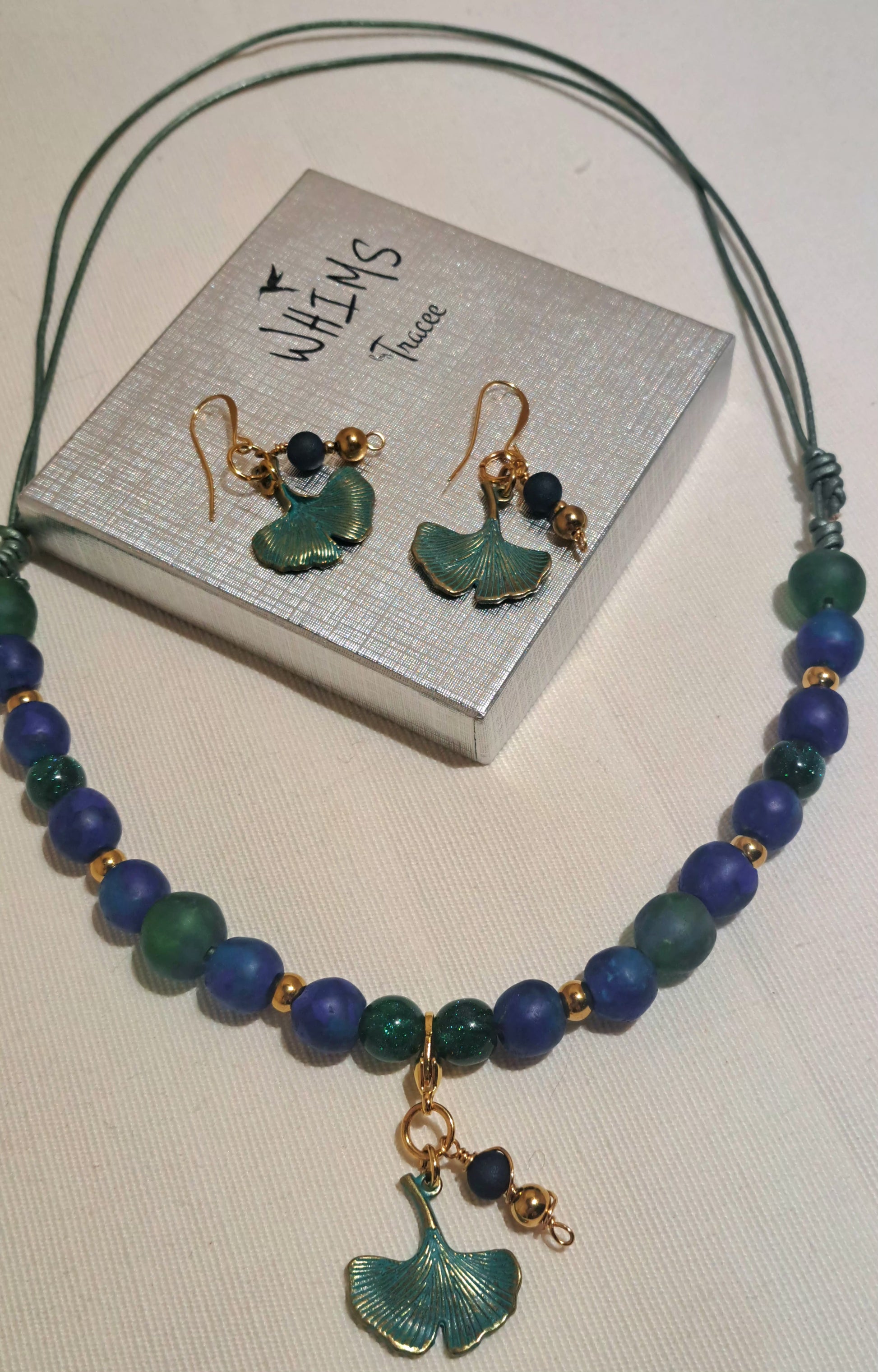 Recycled African glass necklace and matching earrings on silver Whims box