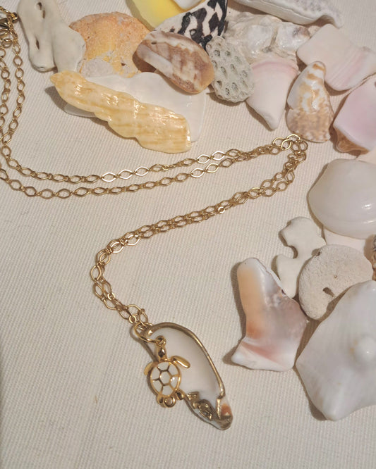 Cayman Island Sea shell with gold painted trim and enamel sea turtle charm on 20" horse eye gold chain