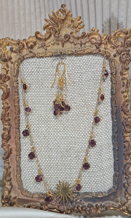 Ladies paperclip chain necklace with amethyst glass charms and matching dangle earrings