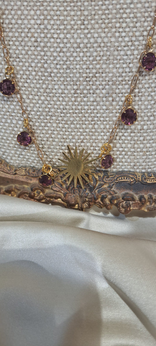 Ladies paperclip chain necklace with amethyst glass charms and matching dangle earrings