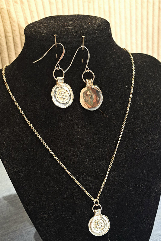 Ladies silver coin necklace and earring set