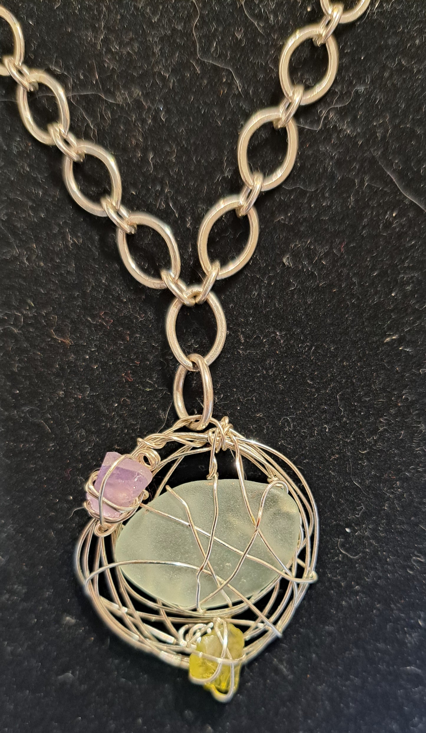 Ladies Silver Wire wrapped Sea Glass pendant necklace