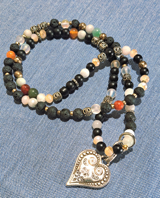 Ladies stretch multi beaded necklace with large heart charm