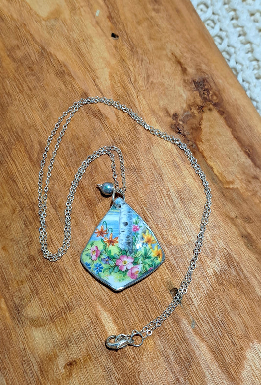 Broken China Birch Tree pendant Necklace on silver
