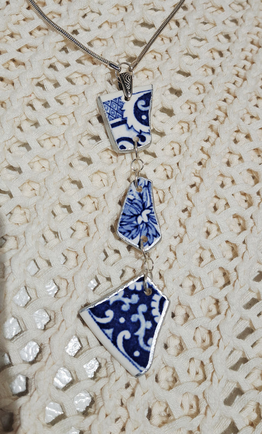 Three piece Broken China Flow Blue pendant necklace on sterling snake chain.