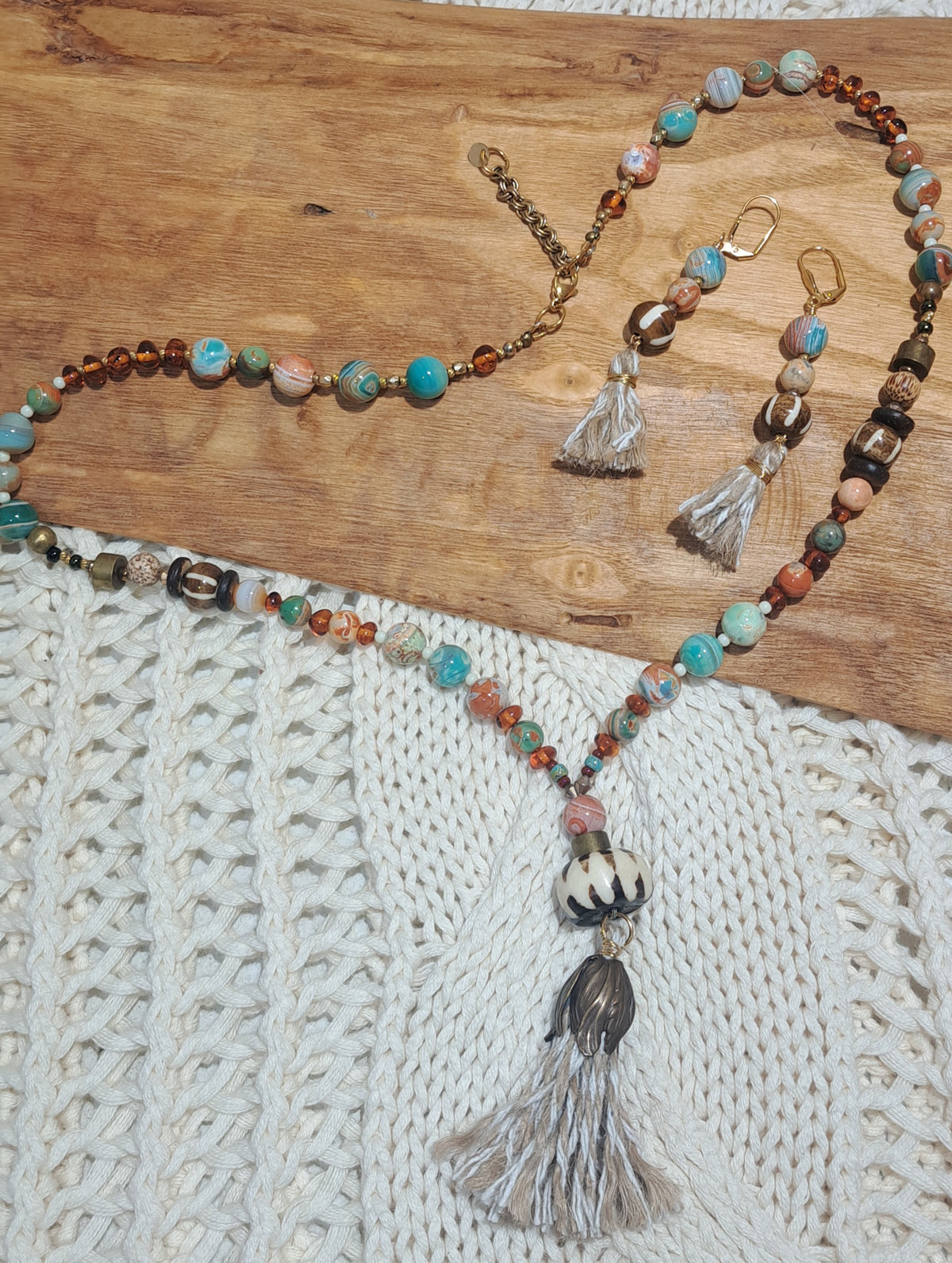 Tassel necklace and earring set with multi-gemstones