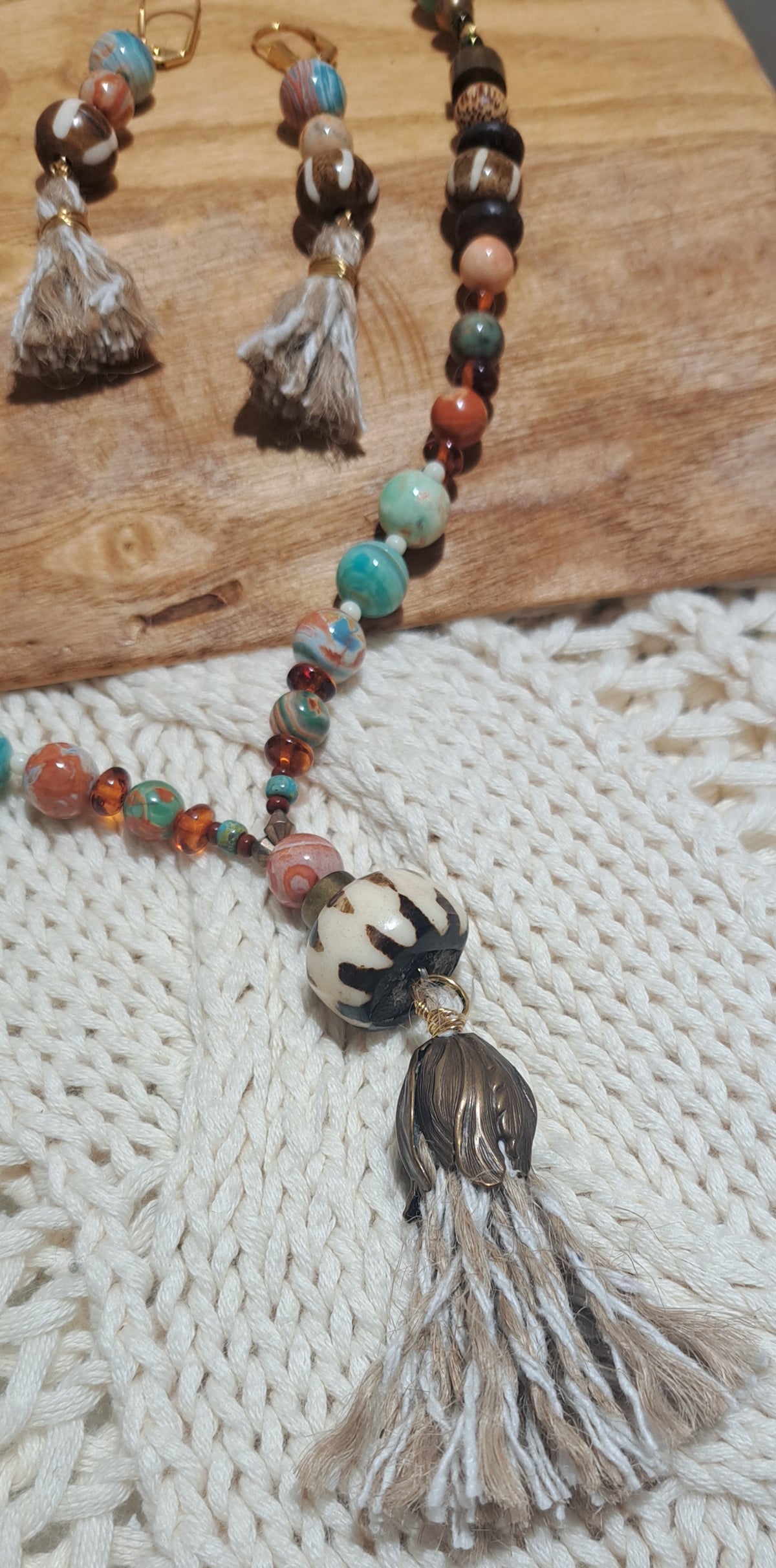 Tassel necklace and earring set with multi-gemstones