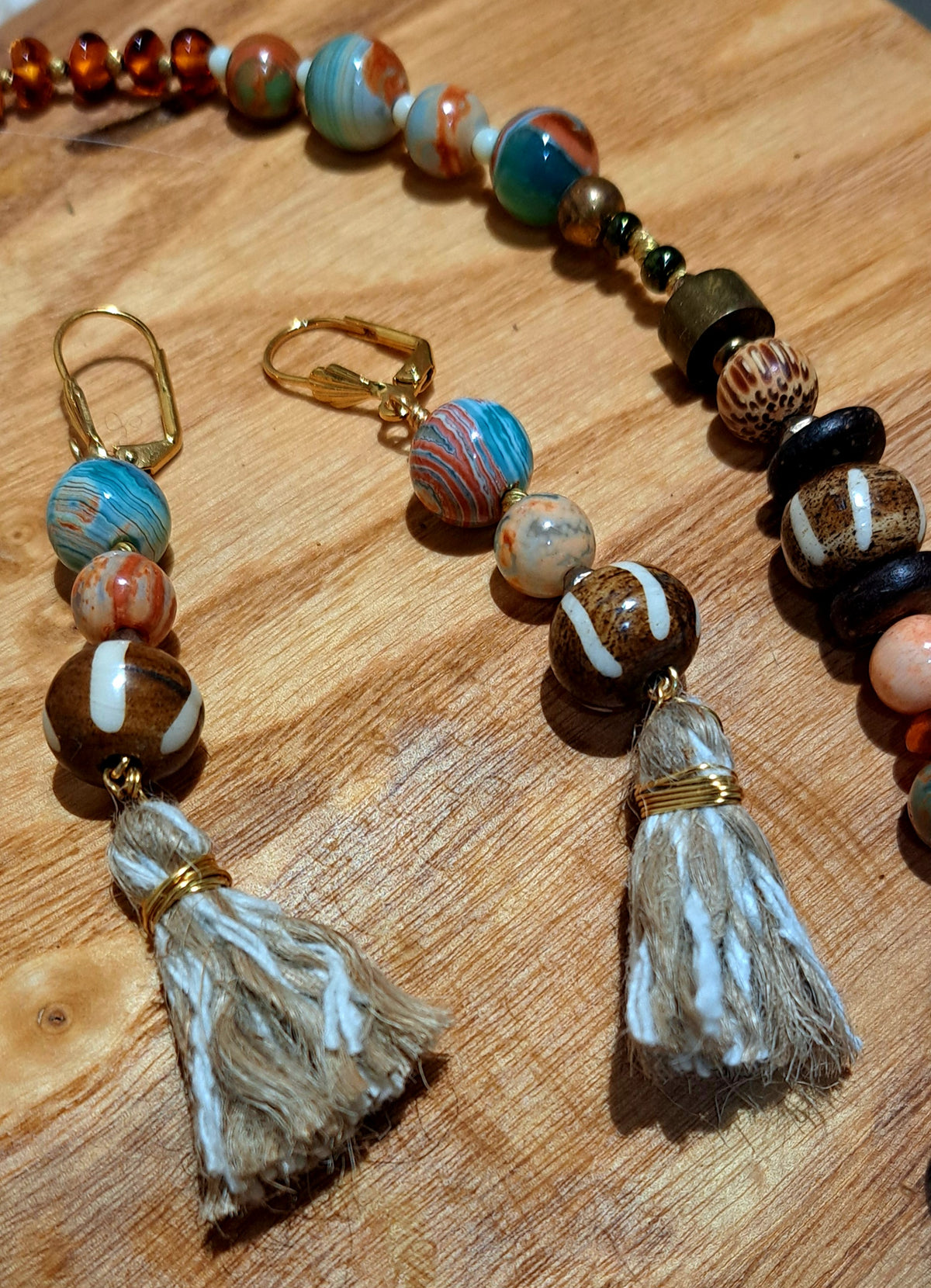 Tassel necklace and earring set with multi-gemstones