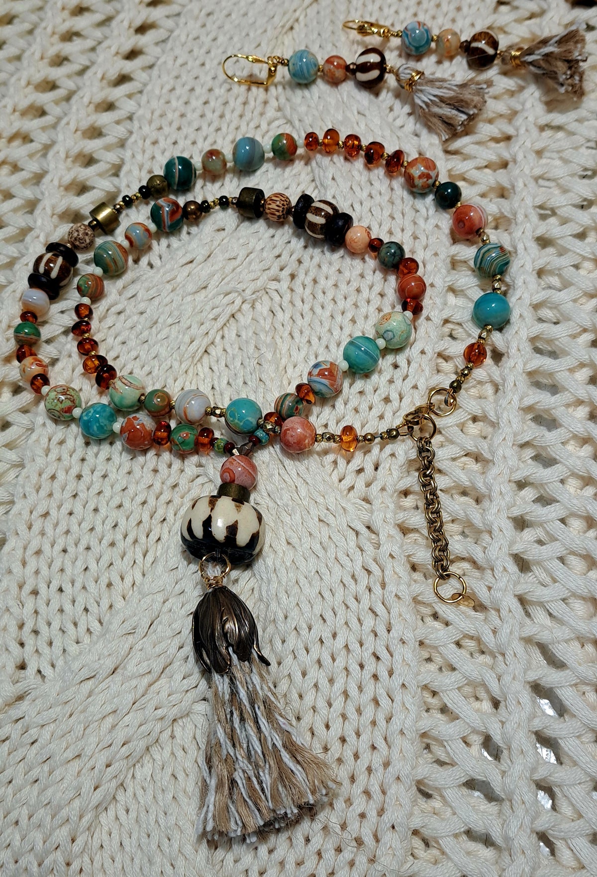 Tassel necklace and earring set with multi-gemstones