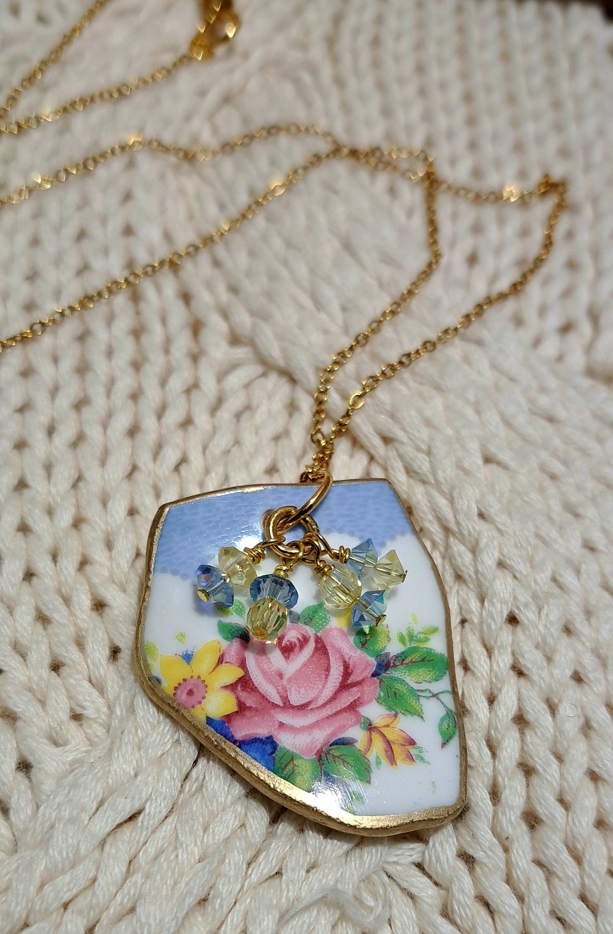 Broken China Floral with blue/white lace edge