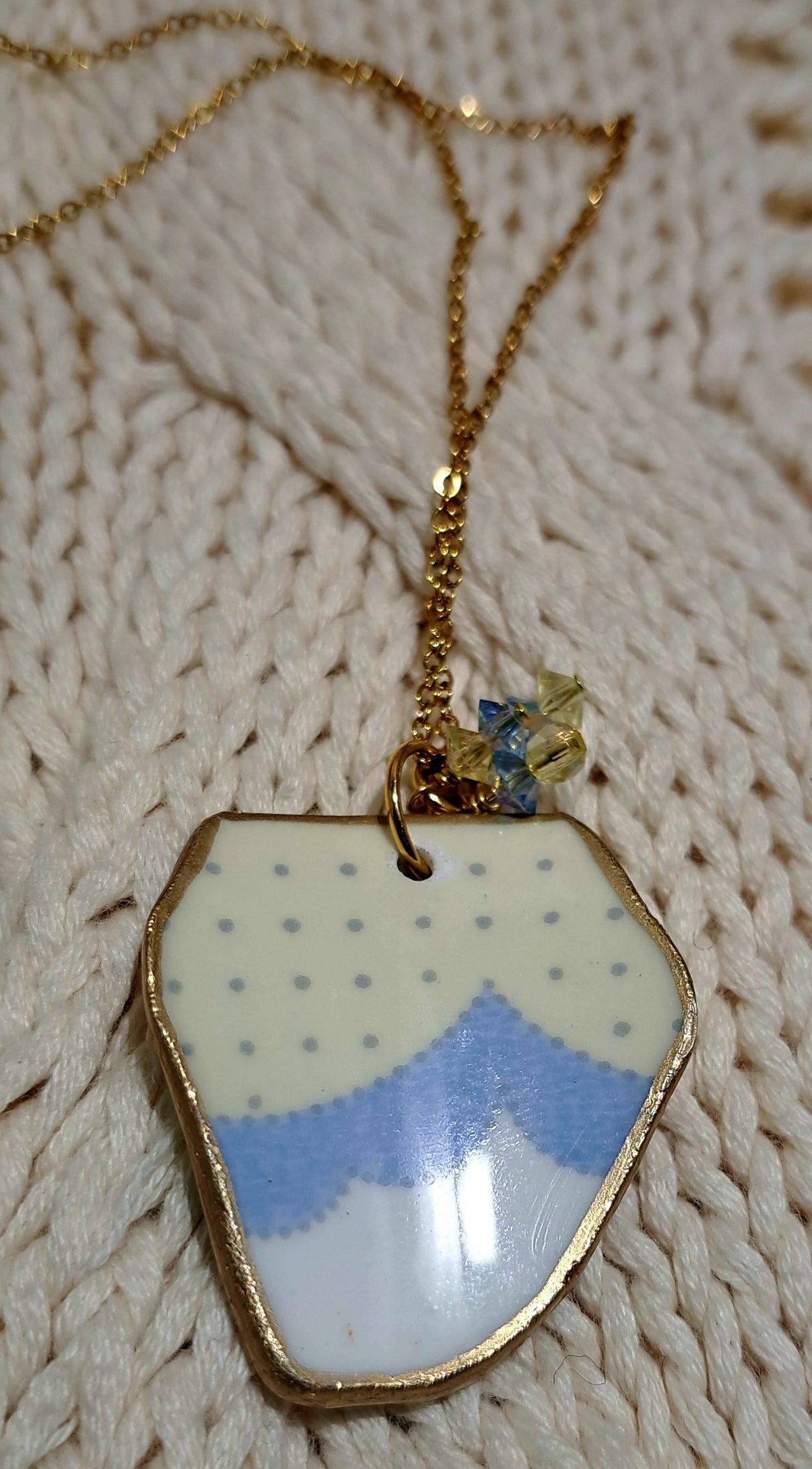 Broken China Floral with blue/white lace edge