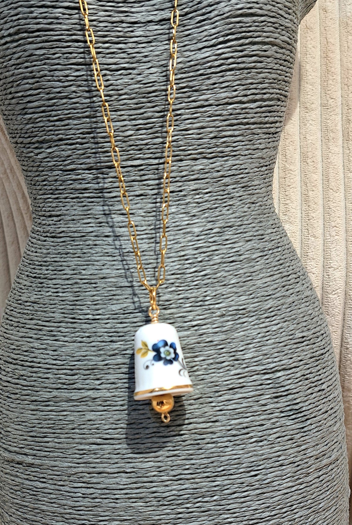 Broken China Thimble blue floral pendant on small paperclip chain