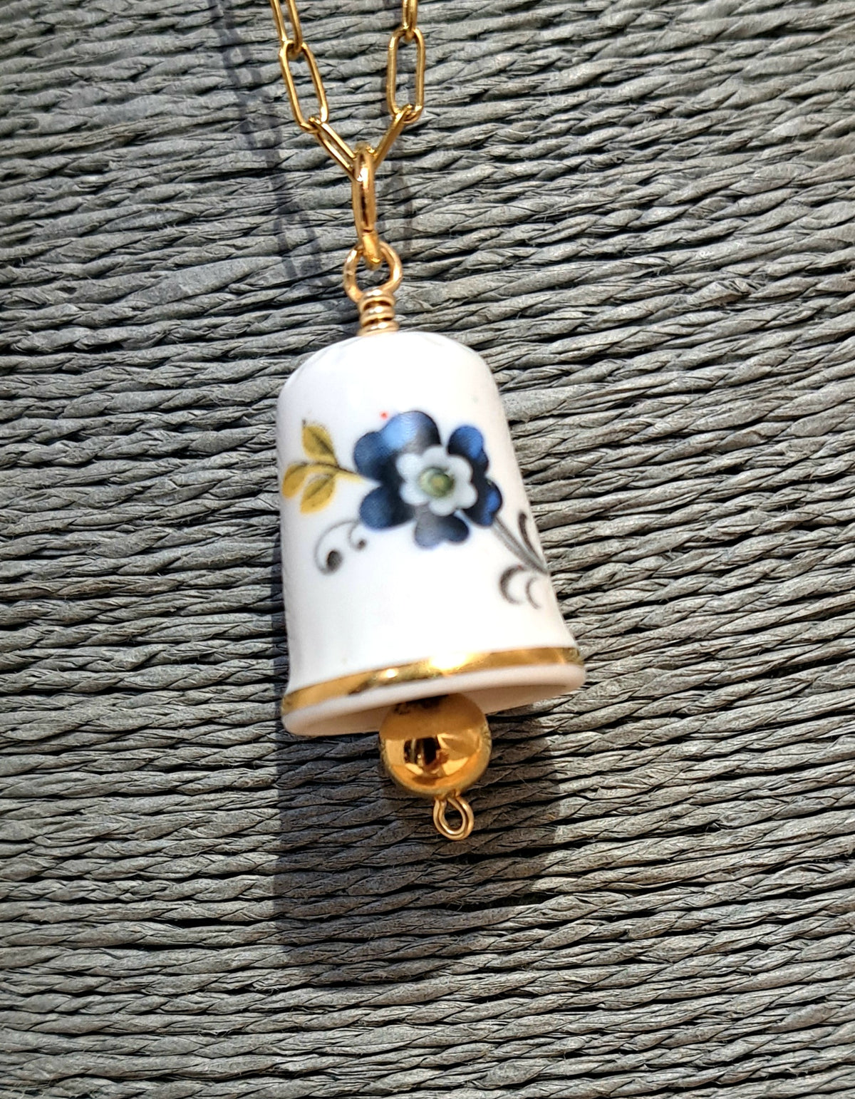 Broken China Thimble blue floral pendant on small paperclip chain