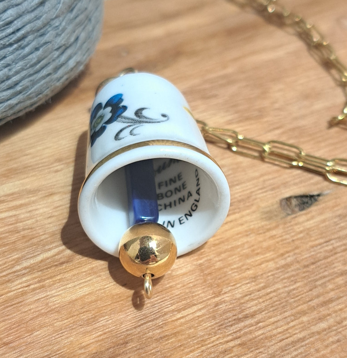 Broken China Thimble blue floral pendant on small paperclip chain