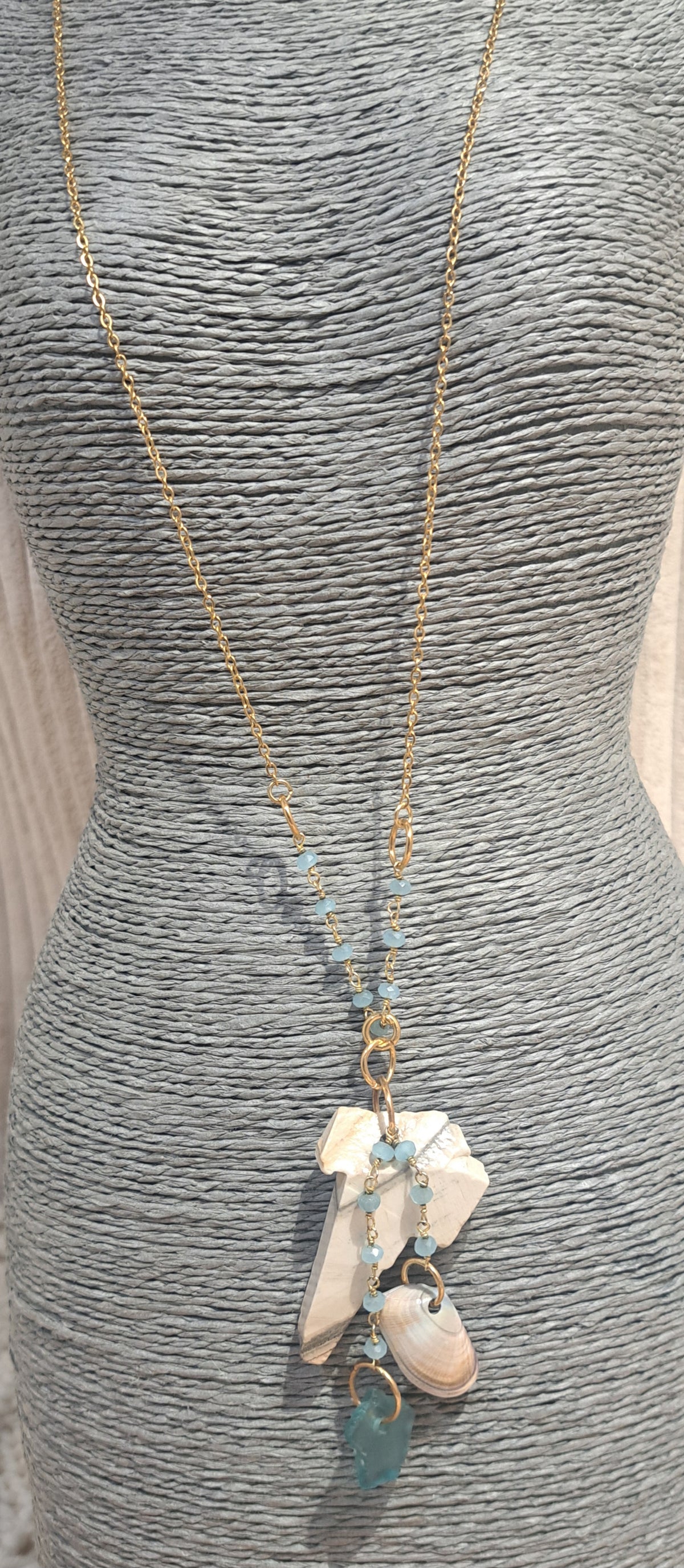Caymanite rock necklace with  sea shell and sea glass on gold chain