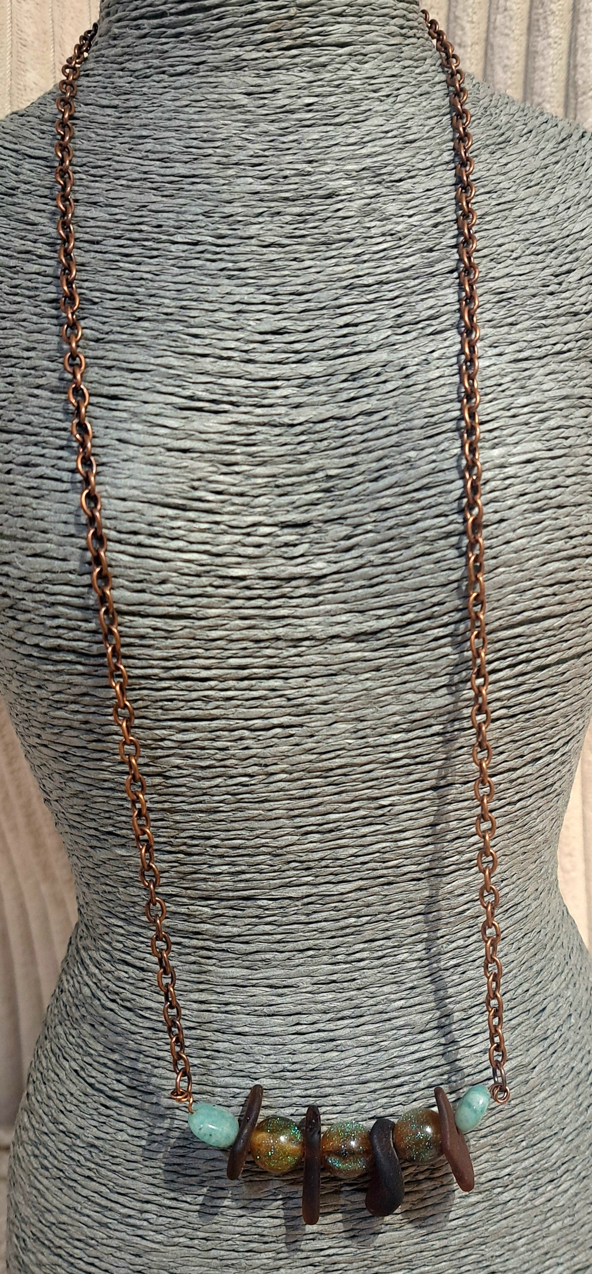 Copper chain with brown sea glass and resin beads