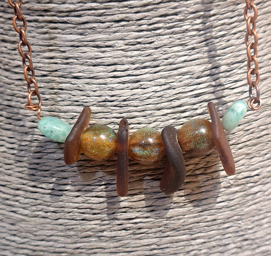 Copper chain with brown sea glass and resin beads