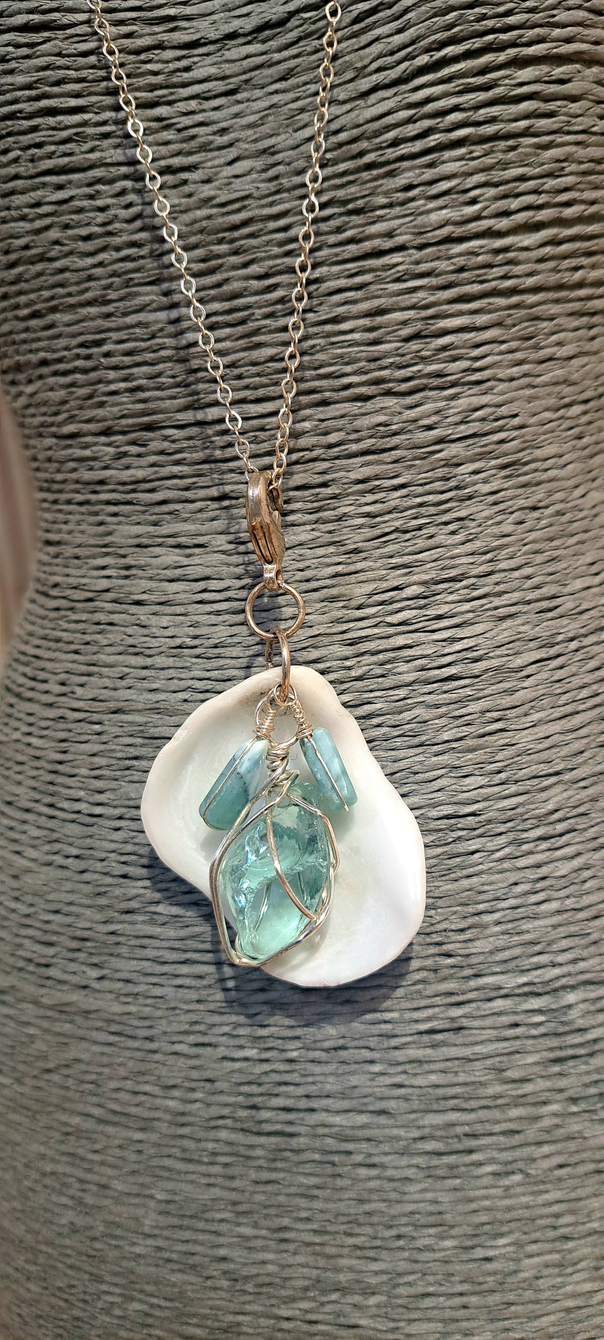 Sea Glass and sea shell pendant necklace with larimar chips
