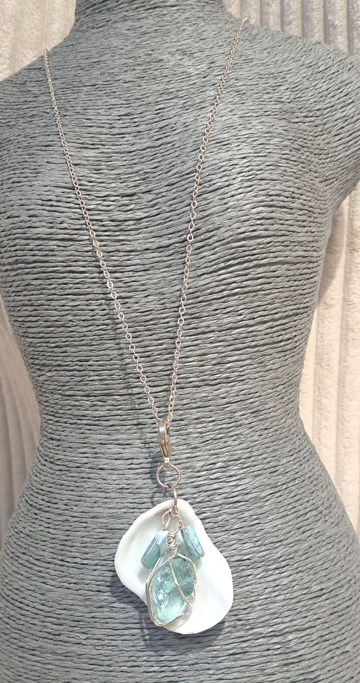 Sea Glass and sea shell pendant necklace with larimar chips
