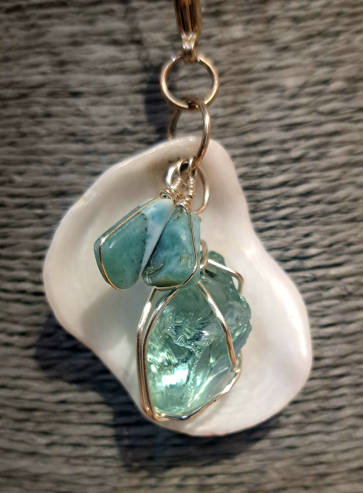 Sea Glass and sea shell pendant necklace with larimar chips