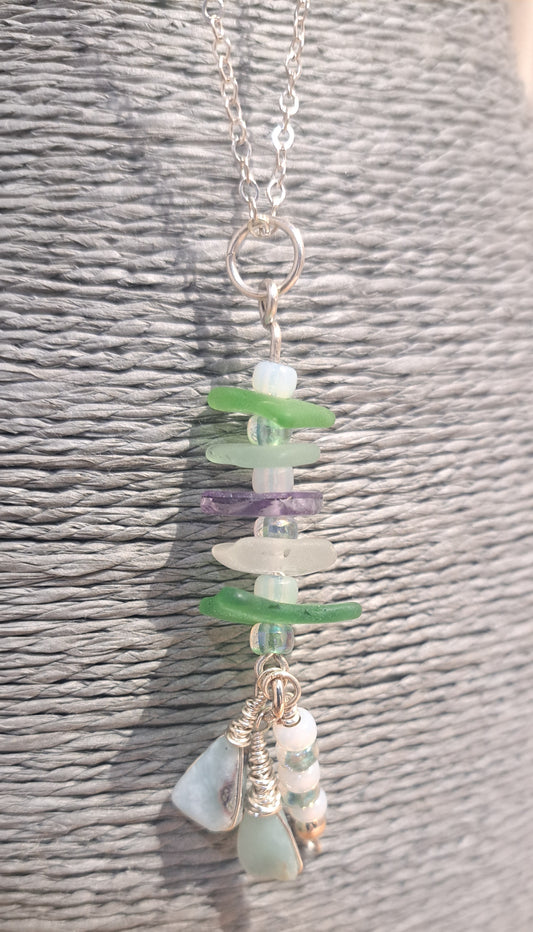 Sea glass necklace with multiple colours of sea glass chips.